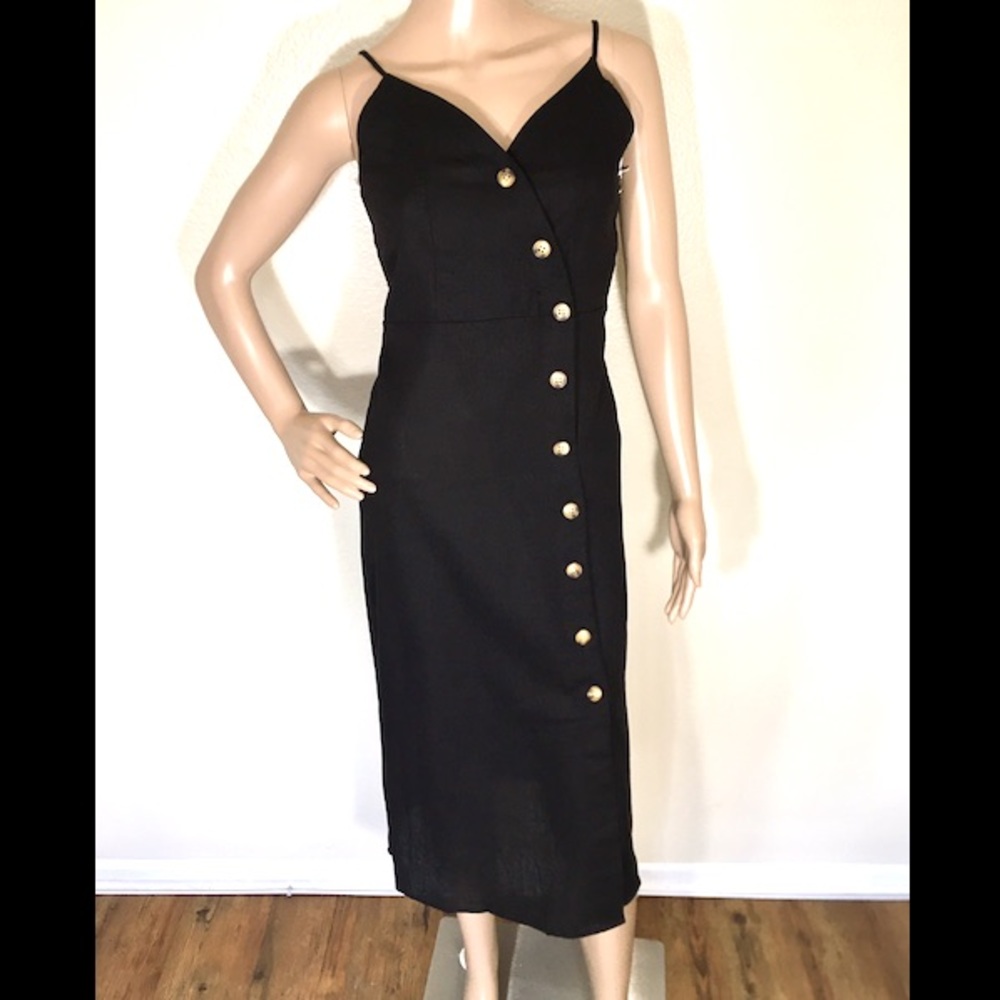 Spaghetti Strap Linen Black Midi Dress
